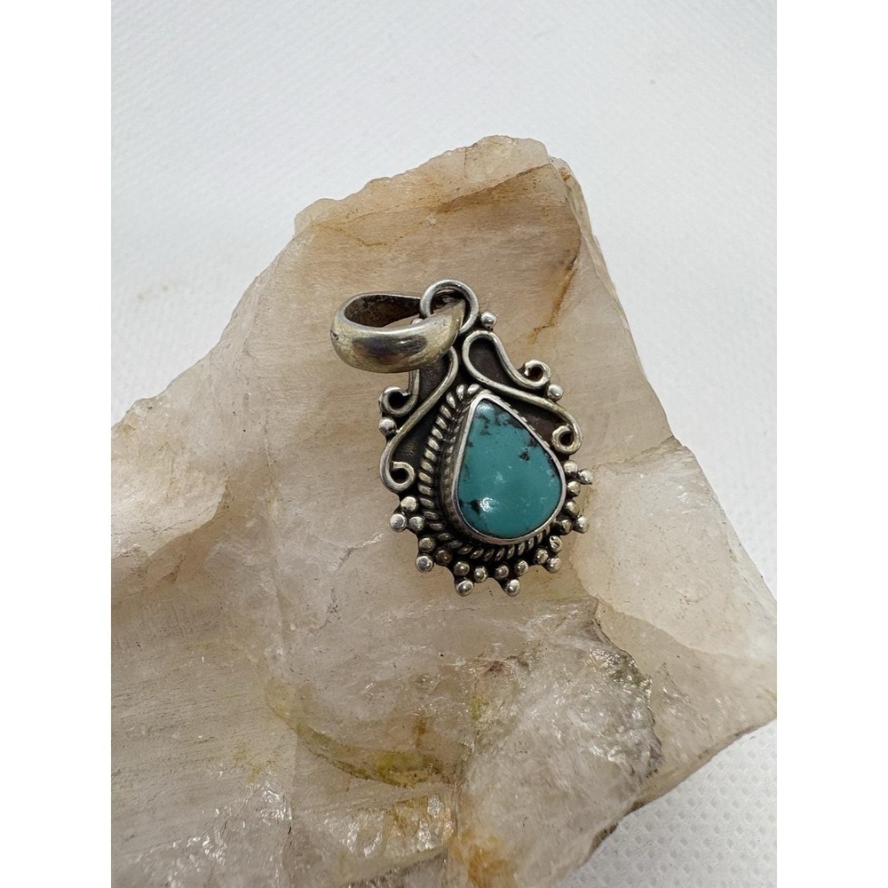 Vintage Sterling Silver 925 Turquoise Pendant Southwestern Teardrop Setting 3g - Picture 7 of 8